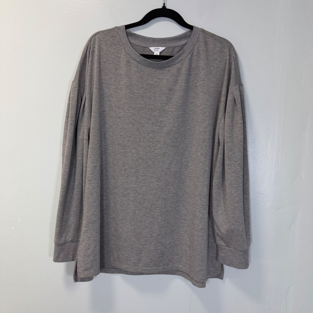Crown & Ivy Womens XL Gray Long‎ Sleeve Puff Shoulder Pullover Sweatshirt